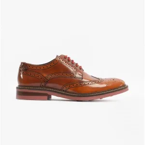 Base London WOBURN Mens Polished Leather Brogue Shoes Tan
