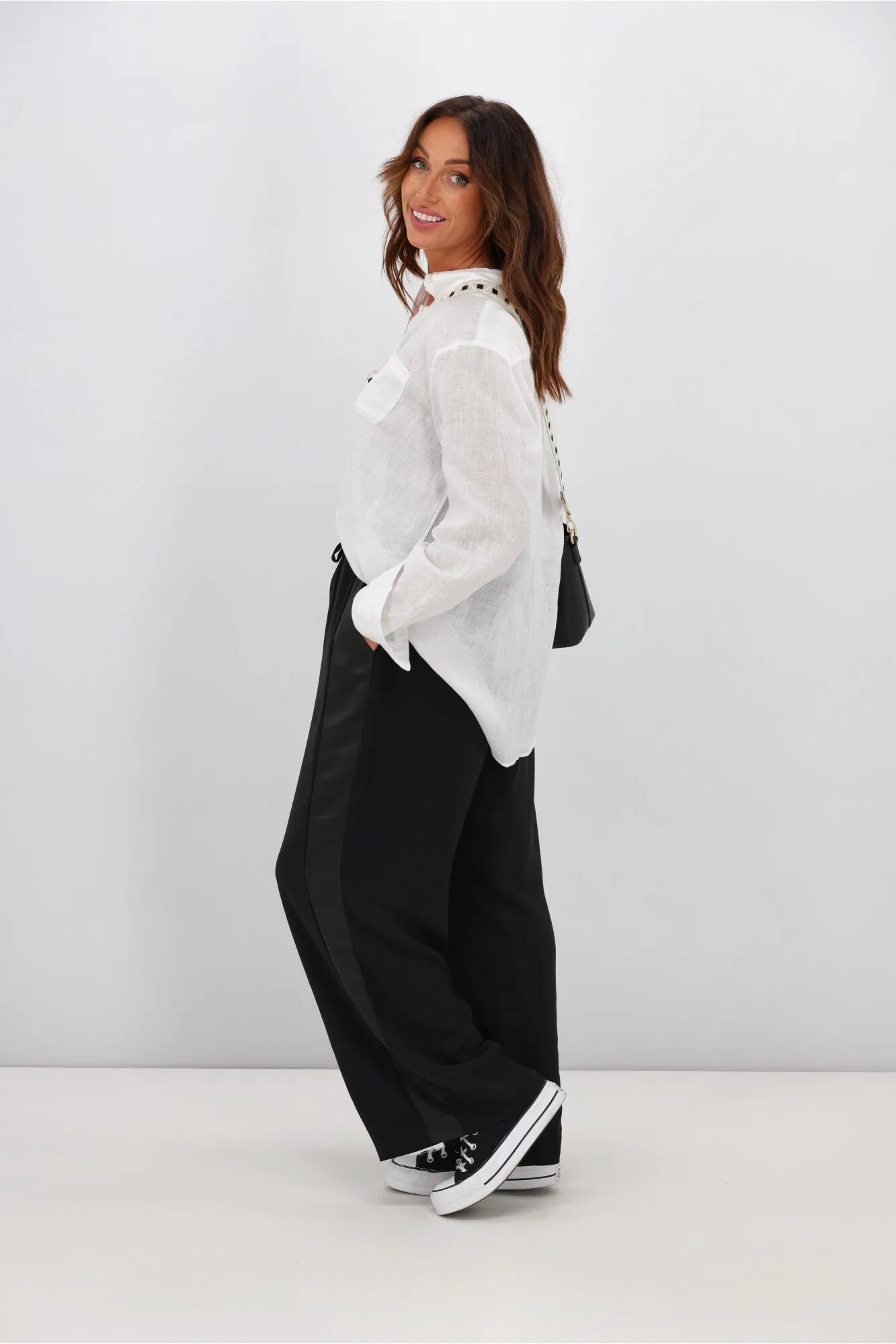 Gloss by Shine On Havanna Satin Stripe Pants Black