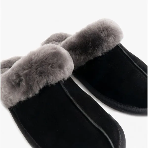 HOS Sheepskin AYLA Womens Real Sheepskin Mule Slippers Black