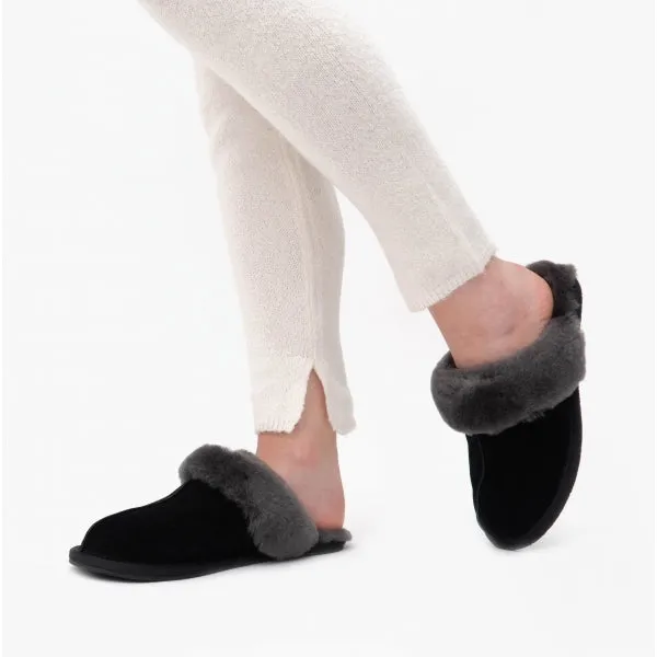 HOS Sheepskin AYLA Womens Real Sheepskin Mule Slippers Black
