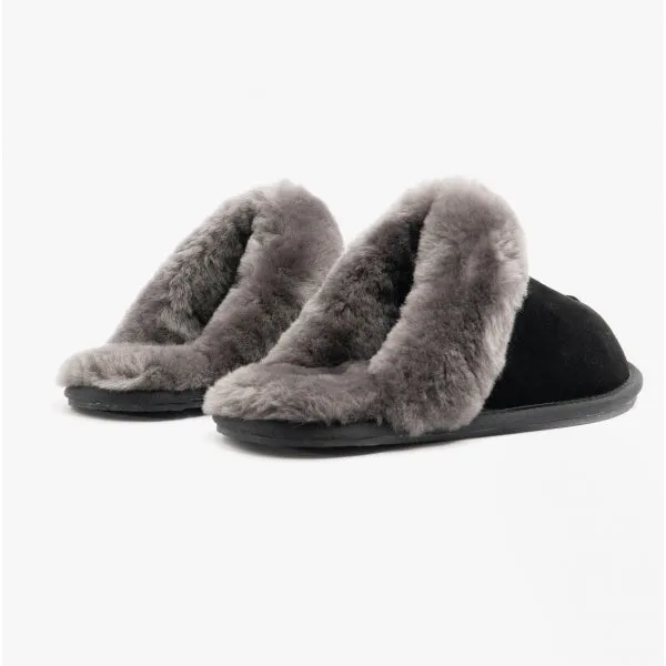 HOS Sheepskin AYLA Womens Real Sheepskin Mule Slippers Black