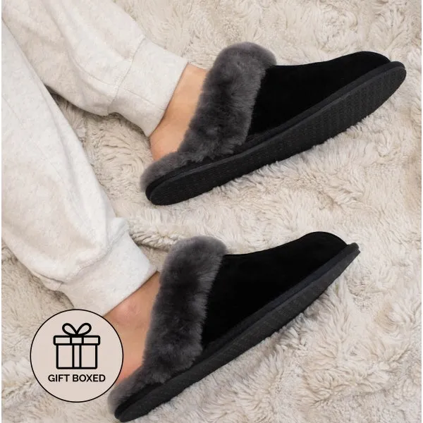 HOS Sheepskin AYLA Womens Real Sheepskin Mule Slippers Black