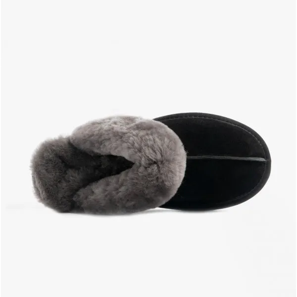 HOS Sheepskin AYLA Womens Real Sheepskin Mule Slippers Black