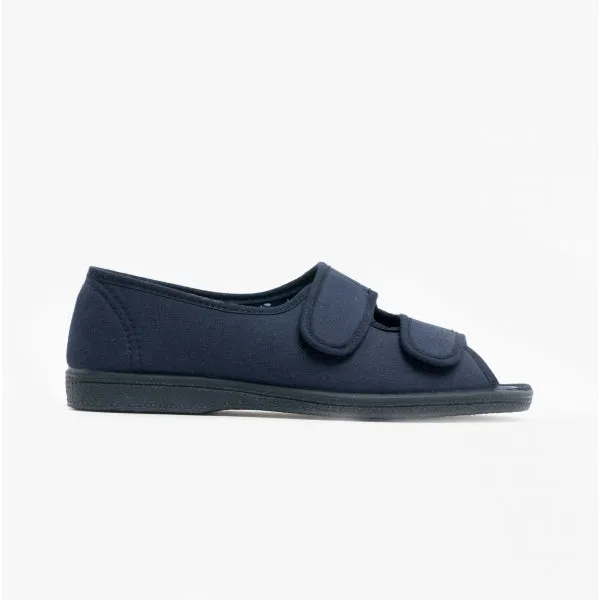Sleepers TINA Womens Wide Fit EE Twin Velcro Peep Toe Slippers Navy