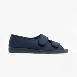 Sleepers TINA Womens Wide Fit EE Twin Velcro Peep Toe Slippers Navy